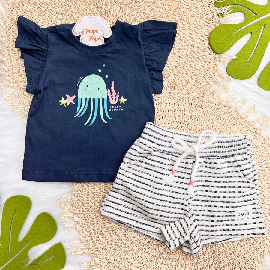 Conj. Blusa Água Viva "Hello Summer" e Short - Marinho e Areia